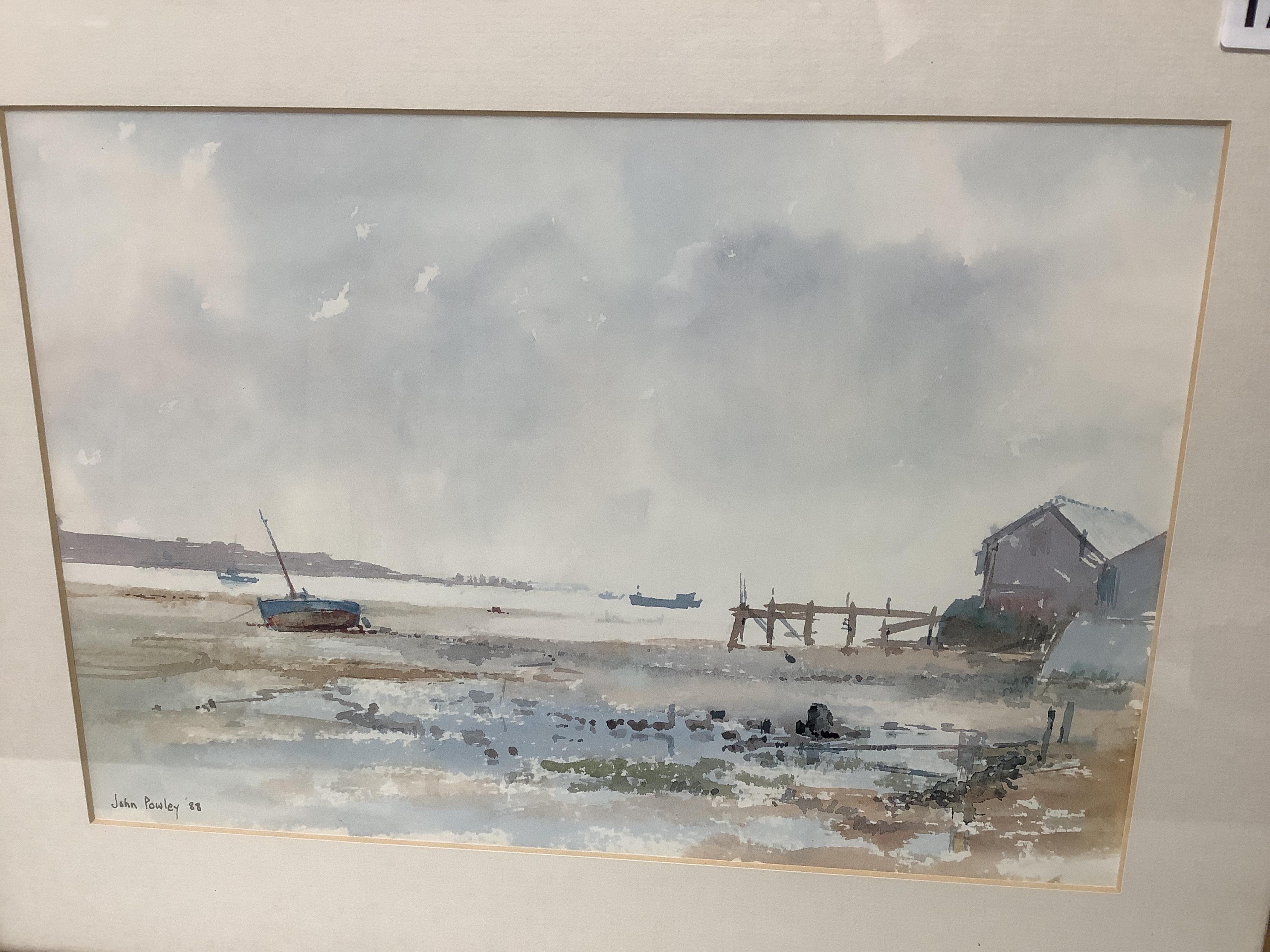 John Powley (Wapping Group, 1929-2018), a collection of six watercolours to include: ‘Mistley, Essex’, ‘Oast Houses, Pembury, Kent’ and ‘The Mill at Holbrook, Suffolk’, each signed and dated '88, 24 x 34cm